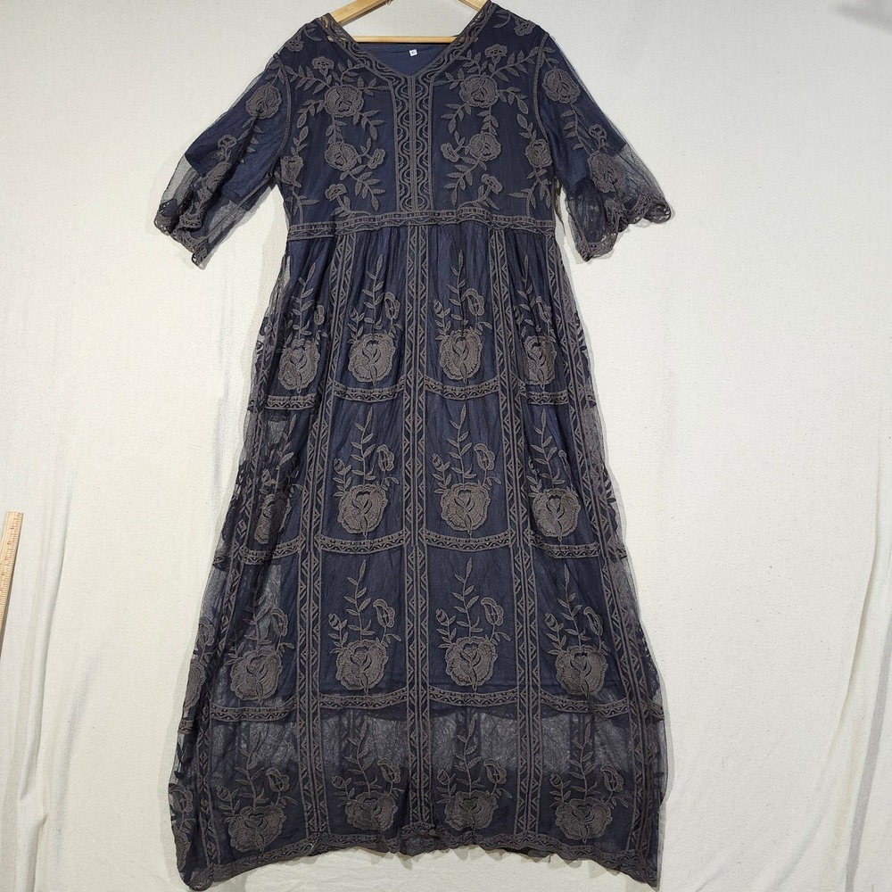 Womens Black Brown Floral Embroidered Mesh Overlay Maxi Dress XL Boho V-Neck